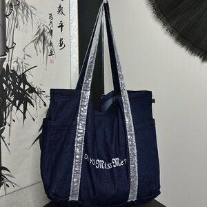 Miss Me Dark Blue Tote with Shimmering Silver Straps